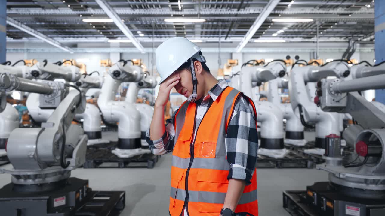 공장 노동자가 로에 둘러싸여 스트레스를 느끼고 있습니다.