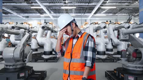 factory worker feeling stressed surrounded by robots