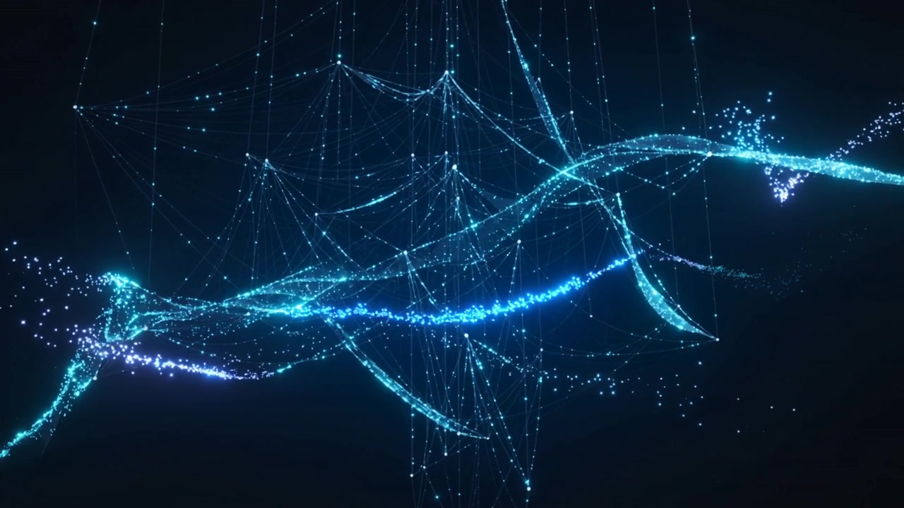 Emerging from left cyan ribbon curving across void, pulsing on node mesh coalescing into glow