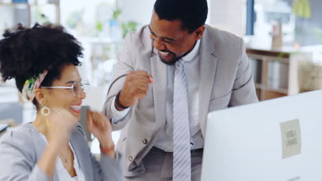 Black-woman,-man-and-high-five-celebration-by