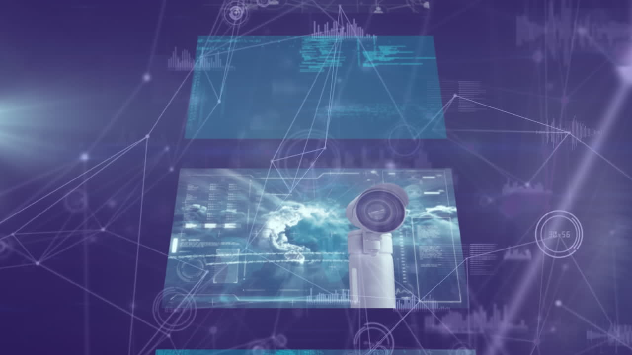 animación de la red de conexiones y procesamiento de datos en pantallas