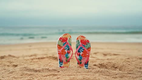 Bunte-Flip-Flops-Im-Sand-Vergraben-Mit-Dem-Meer-Im-Rücken,-Strandurlaub-Und-Reisehintergrund-Ohne-Menschen