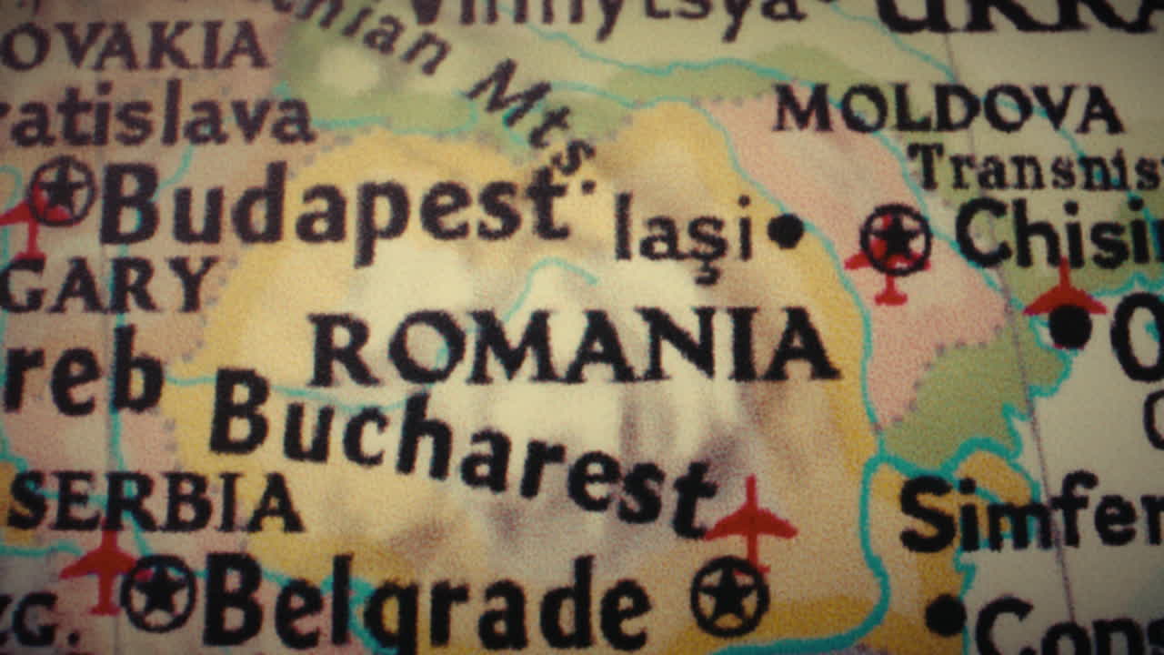 Close-up view of a physical map centered on Romania and surrounding Eastern European countries