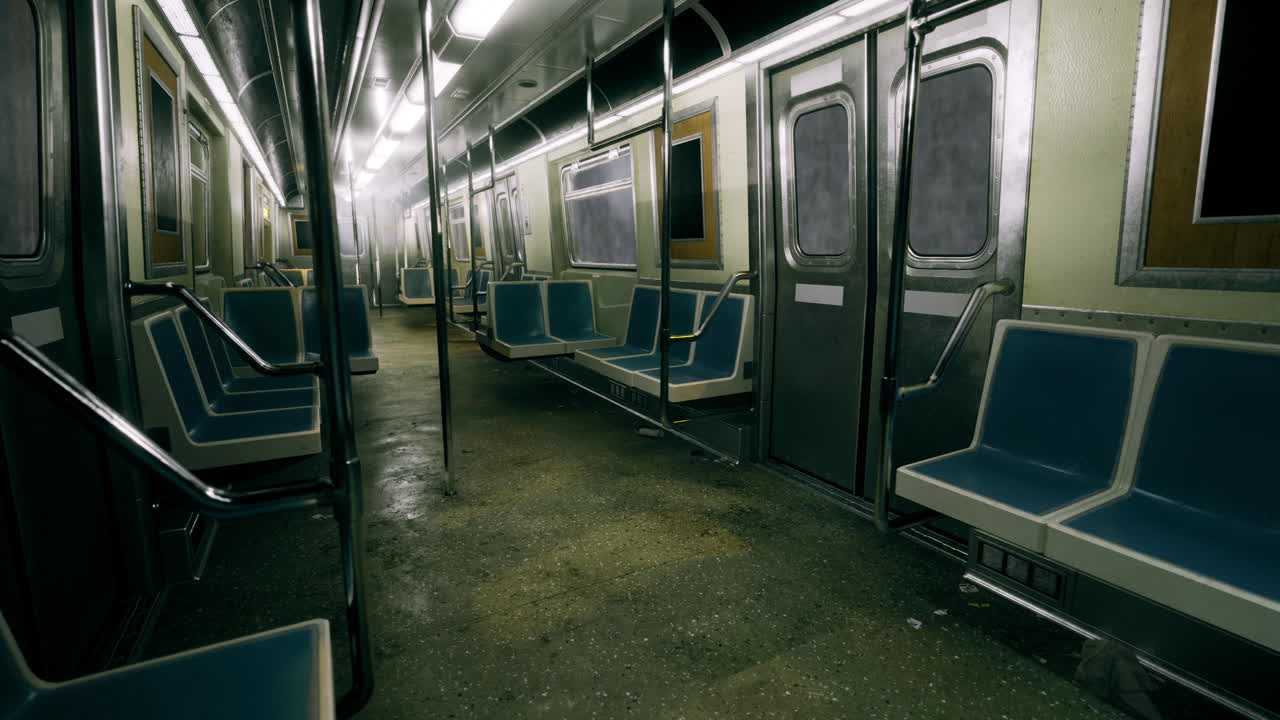 Interno di metropolitana urbana con sedili vuoti e illuminazione fioca