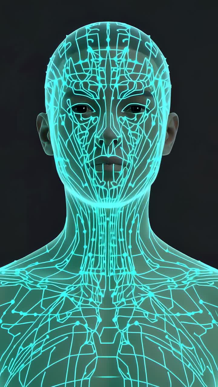 Vertical video: Grid emerging across CGI human bust in dark void, mapping turquoise circuit network
