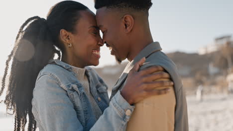 Black-couple,-ocean-and-embrace-with-love