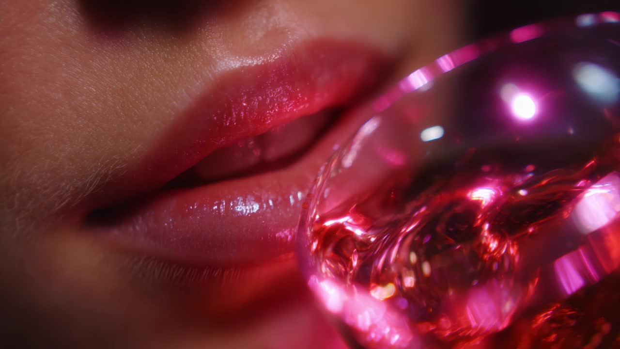 Close up of lips with pink gloss next to a pink glass