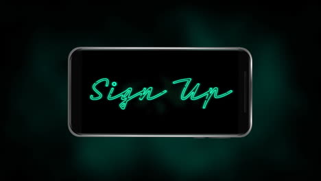 animation of words sign up flickering on a screen of a smartphone on dark green background