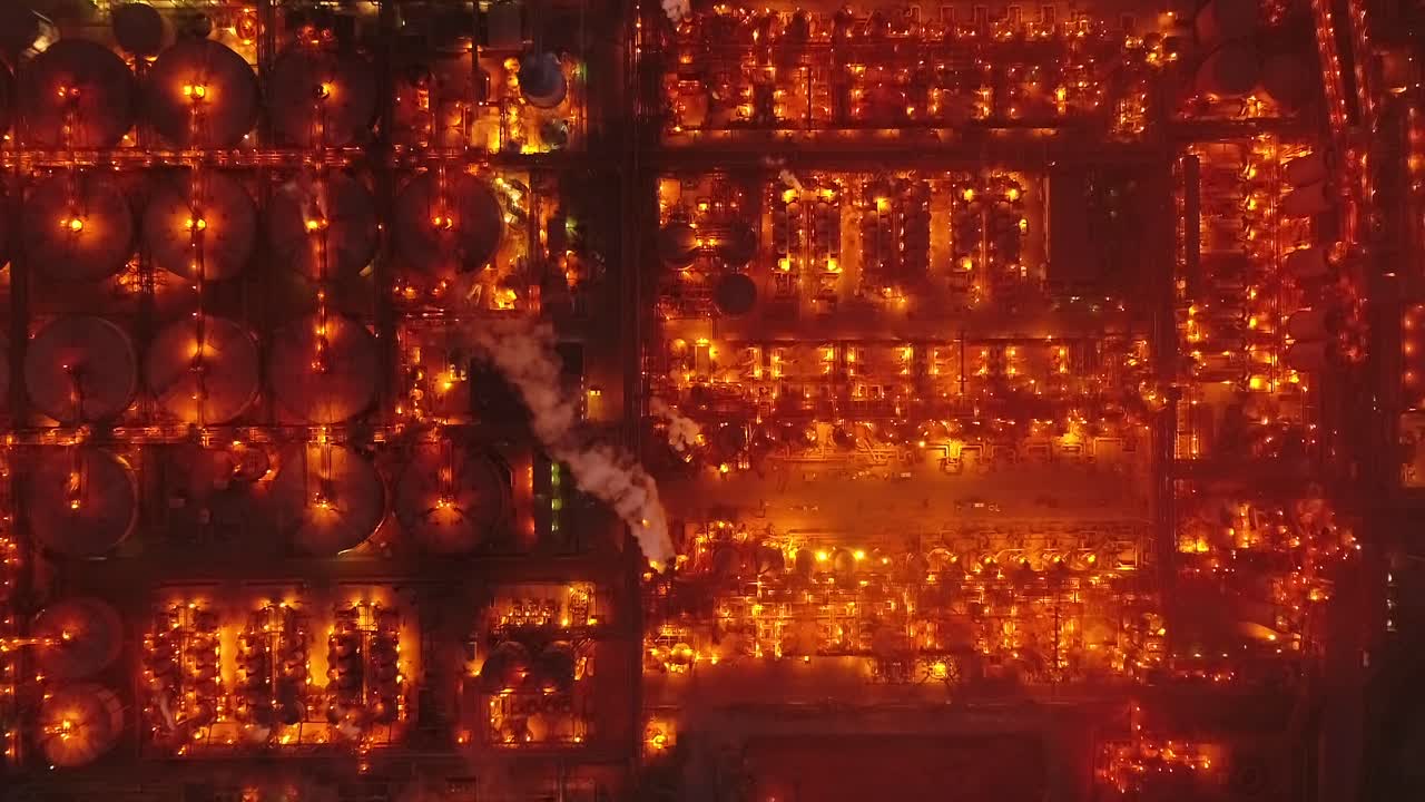 밤에 금속 공장의 무인 항공기 하향식 고정 샷