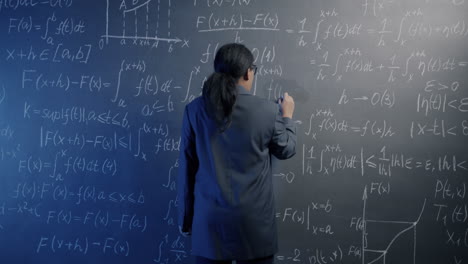 teacher writing mathematical equations on a blackboard