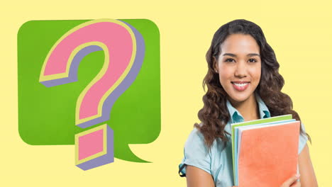 animación de una burbuja de habla con un signo de interrogación sobre una estudiante biracial