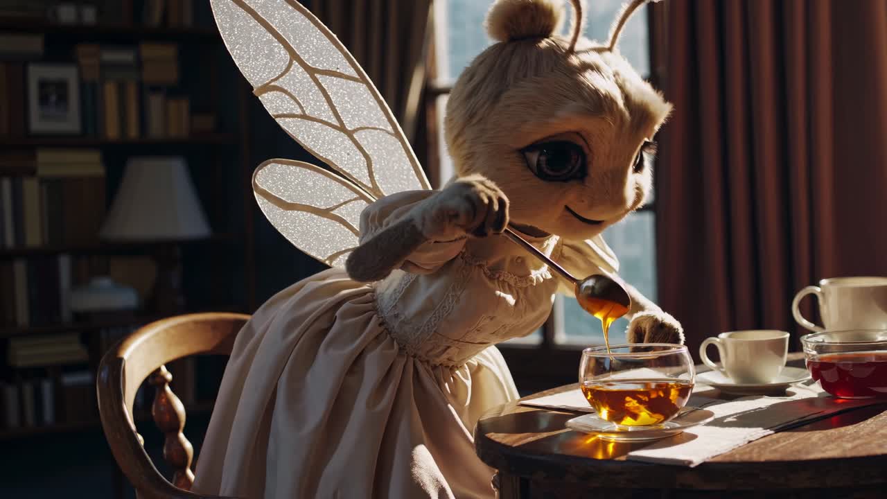 Fantasy anthropomorphic bee character with dress and wings, sitting at a wooden table, pouring honey from a spoon into a cup of tea, in a library or living room