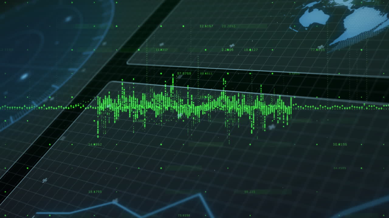 Central neon green waveform glowing over 3D grid, showing floating data points and blue map overlay
