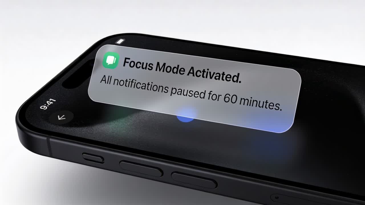 Banner della modalità Concentrazione che appare su un telefono nero, mettendo in pausa le notifiche per 60 minuti su un tavolo chiaro.