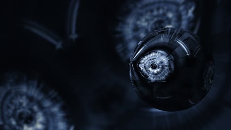 abstracción de digitalización telón de fondo futurista animado de esfera digital oscura en espacio virtual de matriz con dof. 4k 3d renderización de espacio de copia de bucle sin costuras. resumen para tecnología, ciencia ficción, innovación.