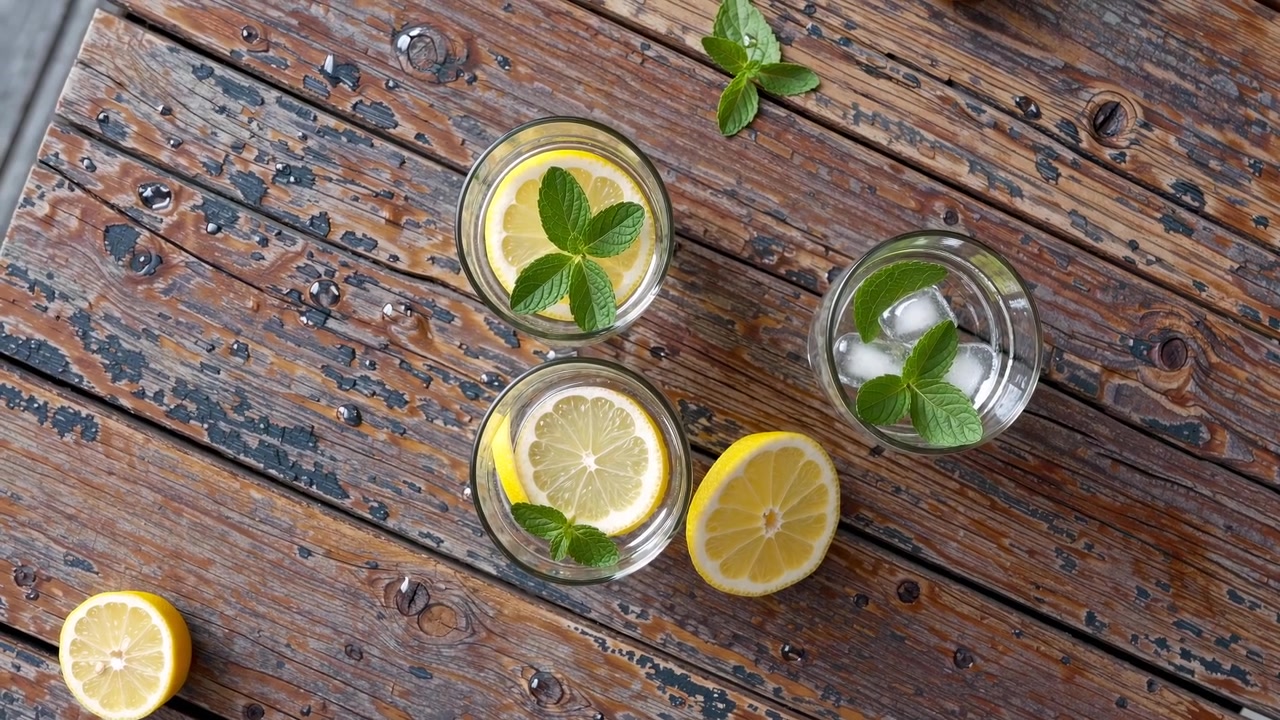 Virkistävää sitruuna- ja minttuvettä laseissa rustiikkisella puupöydällä