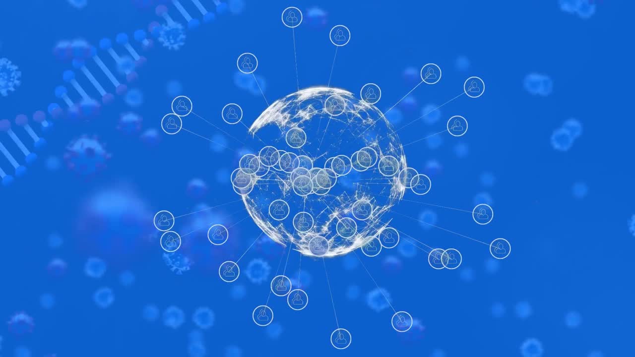 파란색 배경에 있는 지구상의 코로나19 세포의 dna 스트랜드 애니메이션