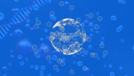 animation of dna strand, covid 19 cells over globe on blue background