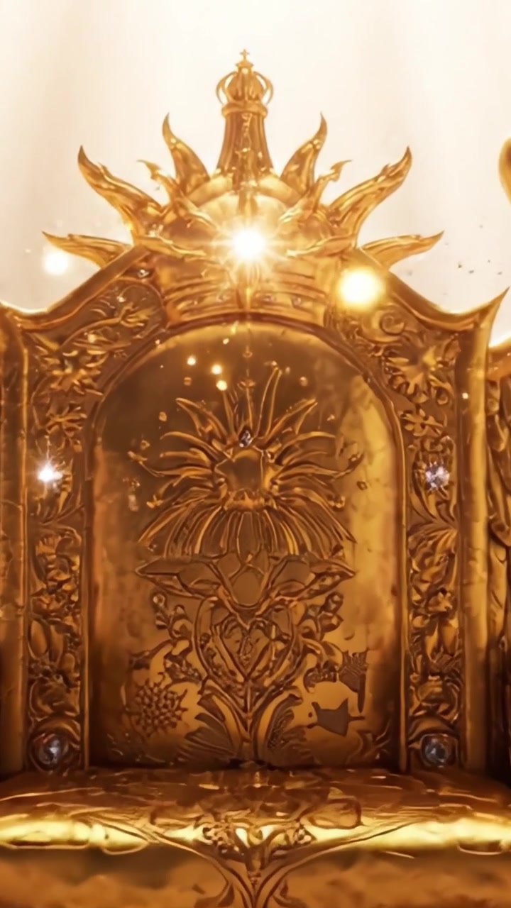Uno Squisito Trono Dorato con Ali Maestose Illuminato da Luce Radiosa, Simbolo di Potere e Divinità in un'Atmosfera Nuvolosa Onirica