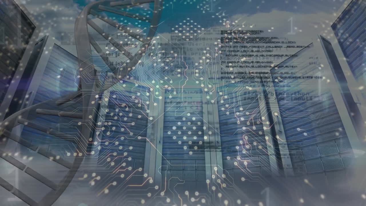animación de la cadena de adn y la placa de circuitos informáticos con procesamiento de datos en la sala del servidor