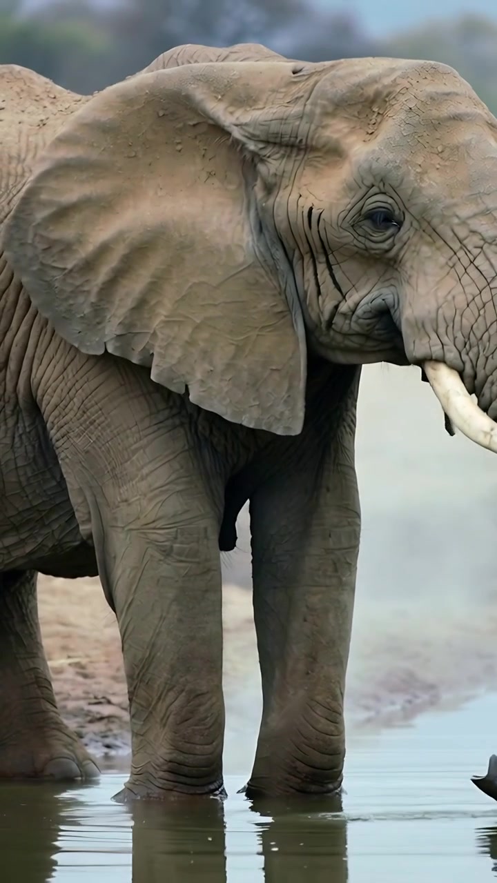 Vídeo vertical: Elefante adulto matando a sede, mergulhando a tromba em uma poça d'água e levantando-a para beber.