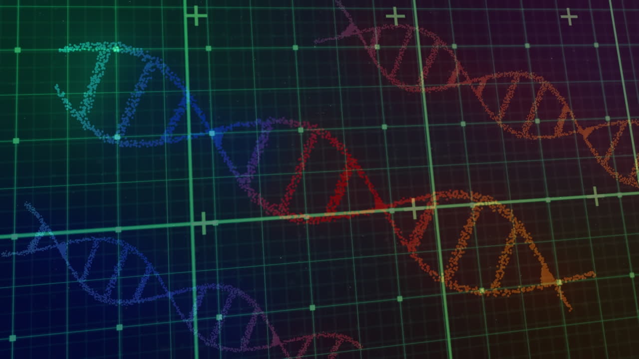 animazione dell'elaborazione dei dati su fili di dna che girano