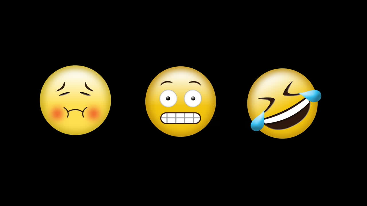 Digital animation of sick, grimacing and laughing face emojis against black background