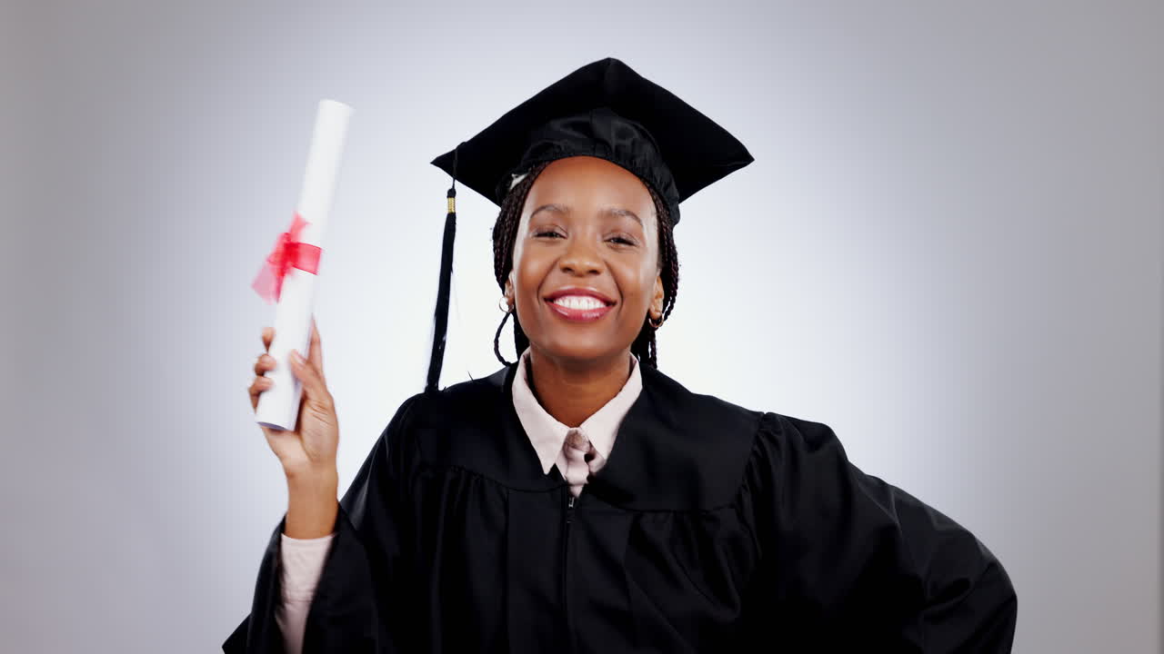Graduation, face and woman in studio