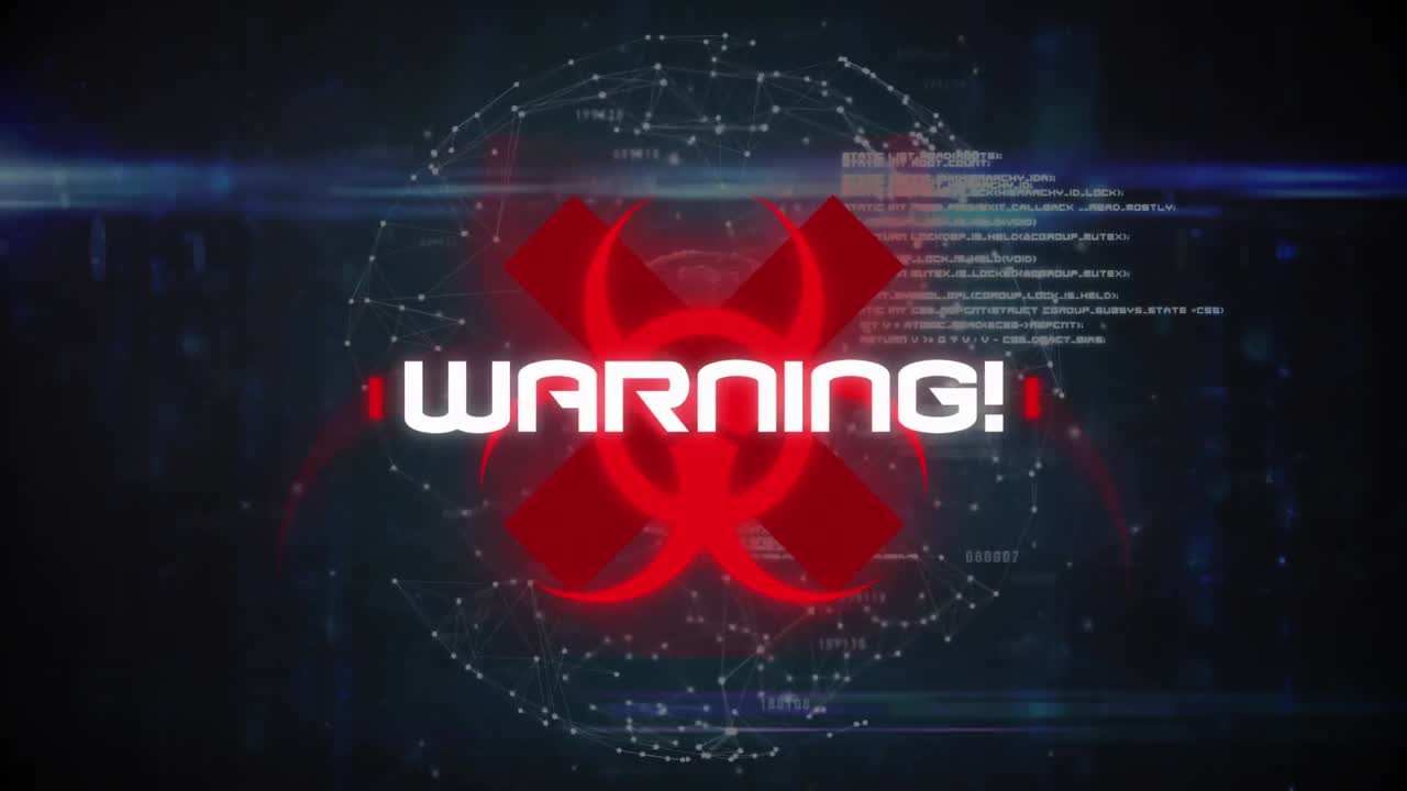 Animation of covid 19 warning text over data processing and globe