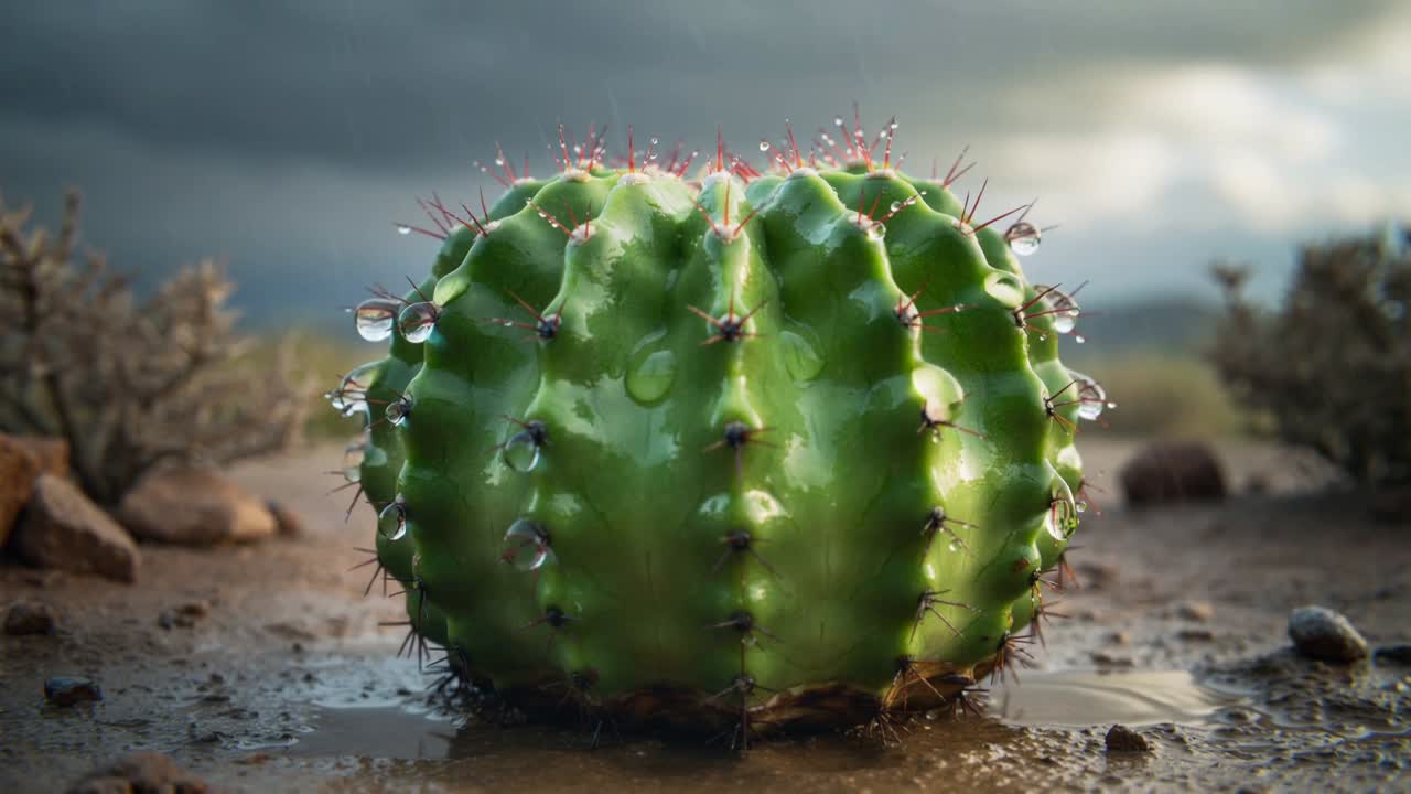 Una goccia che cade colpisce un cactus a botte durante una pioggerellina in un deserto umido, formando perle lucide e increspature.