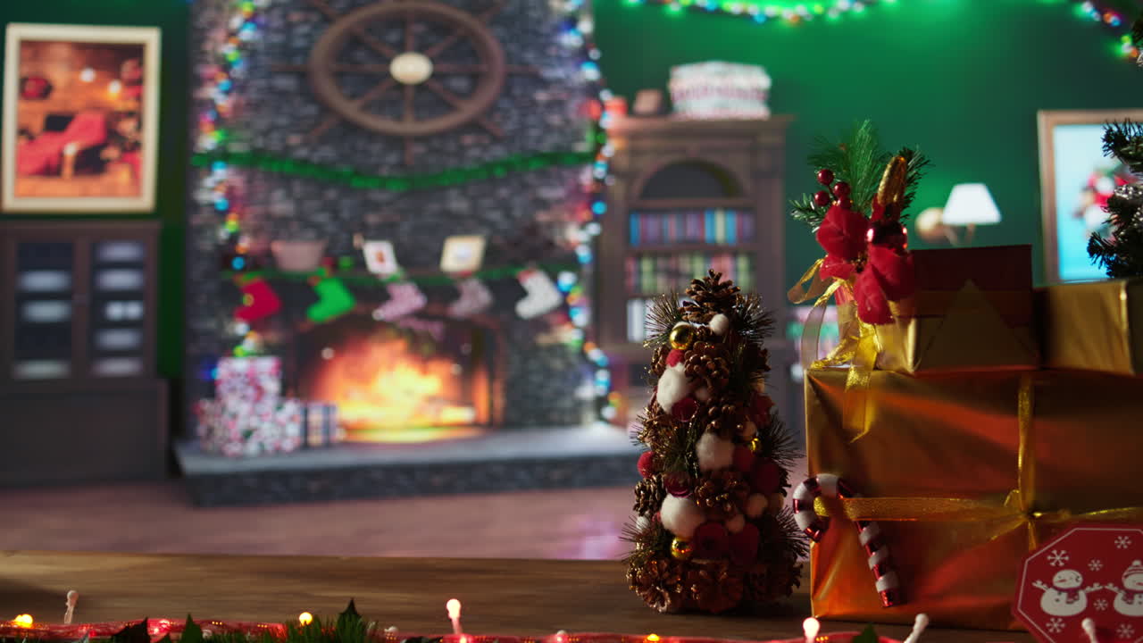 Festive Christmas scene with tree, gifts and fireplace