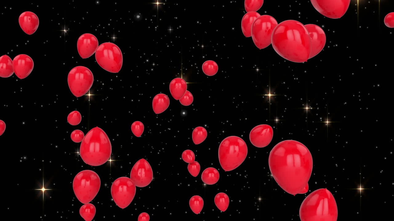 Animación de globos rojos volando sobre estrellas en un fondo negro