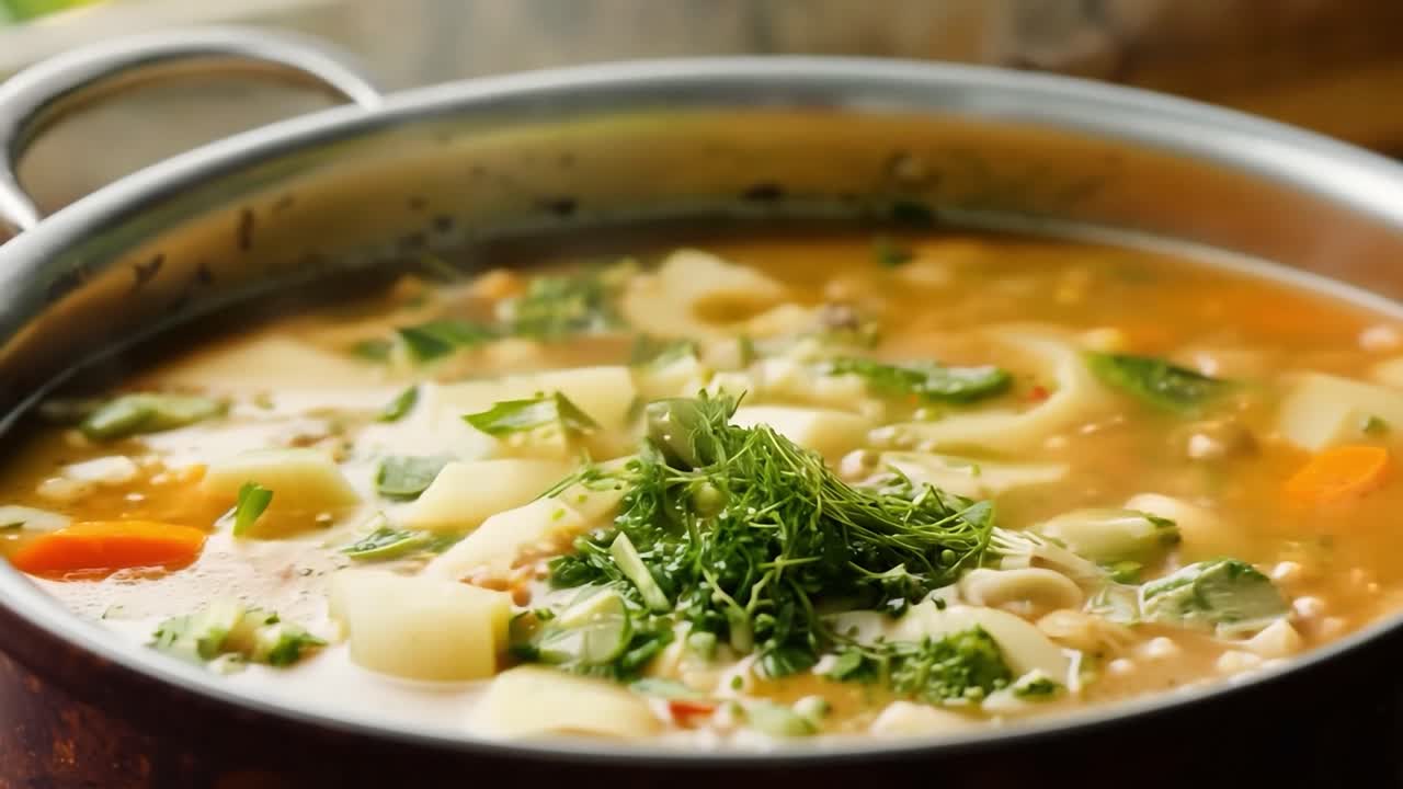 una vista de cerca de una olla de sopa de verduras humeante con una cuchara de madera