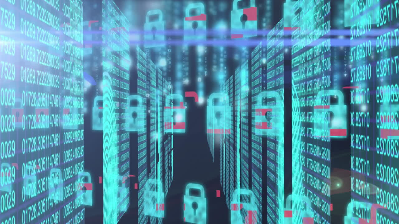 múltiples iconos de candados de seguridad que se mueven contra el procesamiento de datos de seguridad cibernética