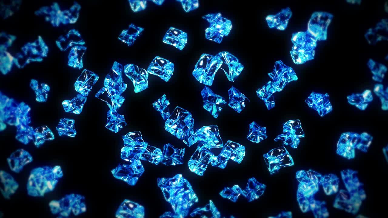 검은색 바탕에 많은 깨한 얼음 큐브를 날아. 부서진 얼음 조각, 자연 물. 부러진 얼음의 3d 애니메이션 회전. 루프 애니메이션.