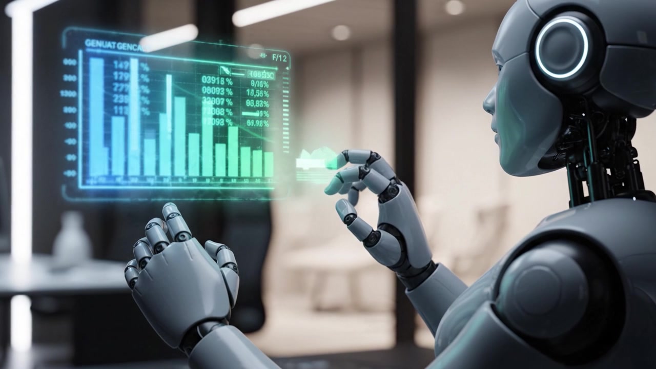 A robotic figure interacts with digital data displays in a modern office setting, showcasing advanced technology and human-like gestures in an analytical environment.