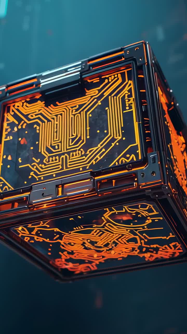 Vertical video: Rotating metal cube pulsing orange circuits in lab as cam starting low-left, embers