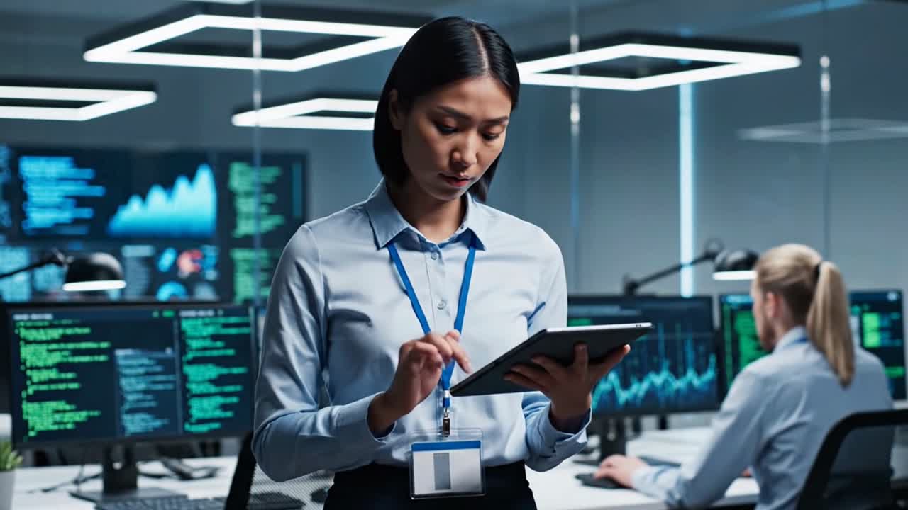 Asian data analyst woman working on tablet in office