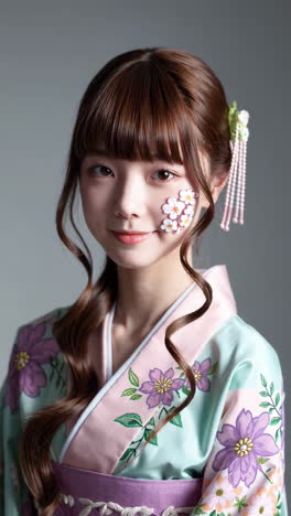 young woman in traditional japanese kimono with floral decorations