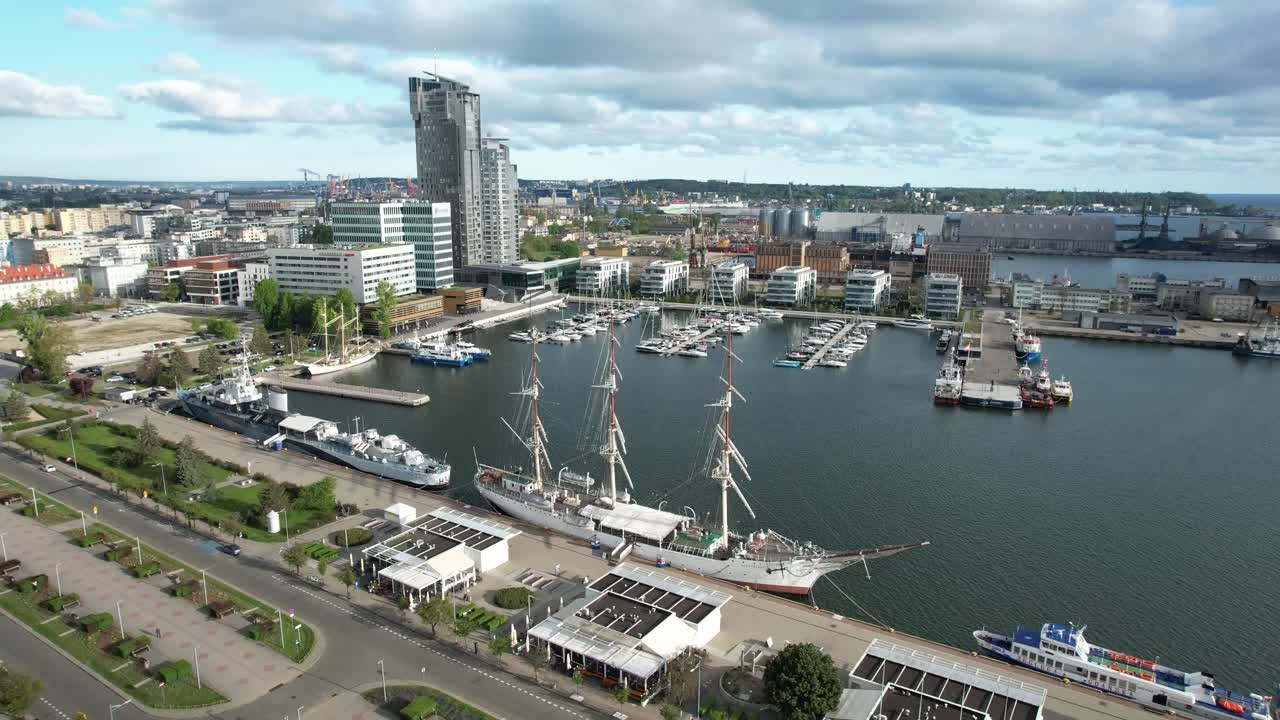Aerial view of Gdynia, coastal city in Poland with modern apartments and marina