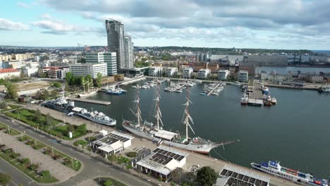 aerial view of gdynia, coastal city in poland with modern apartments and marina