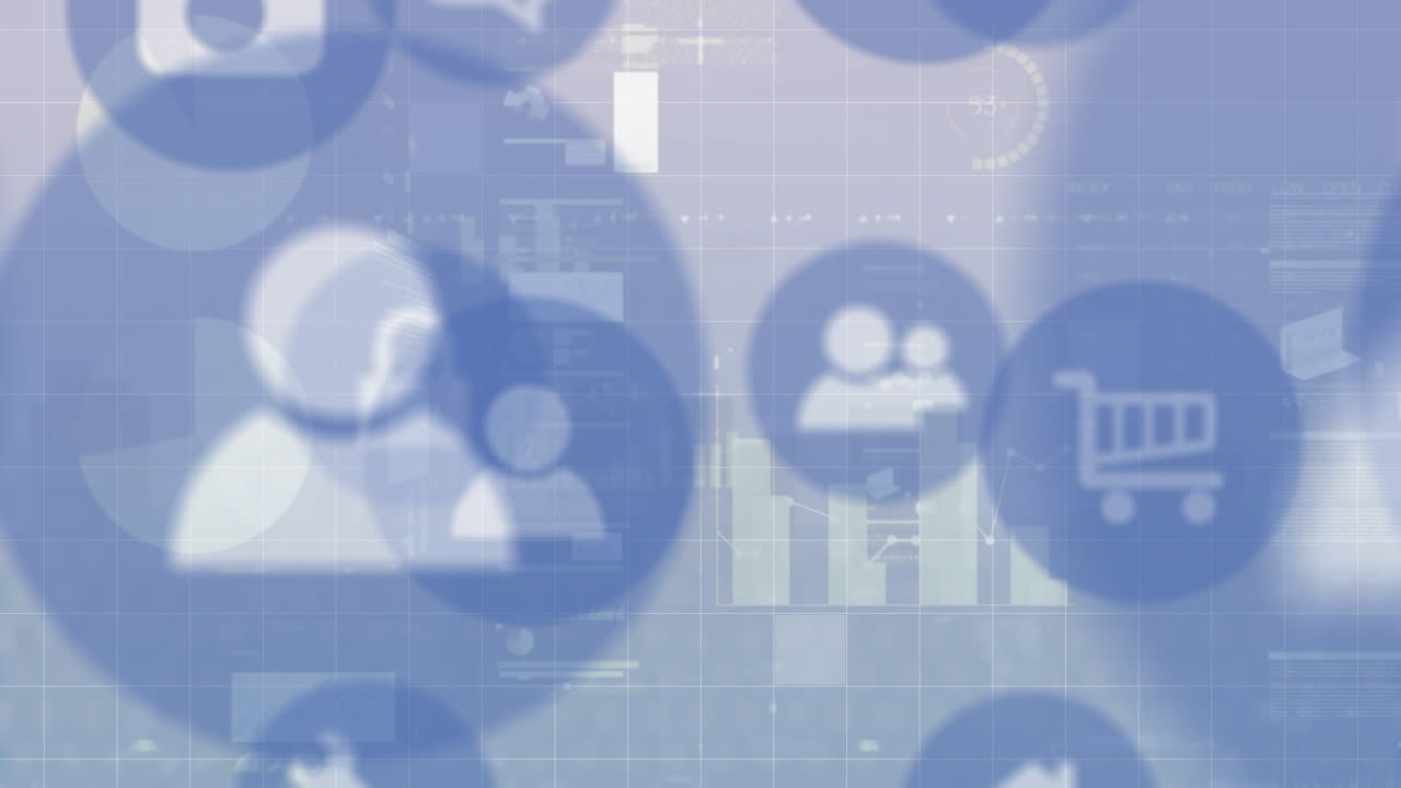 여러 디지털 아이콘의 애니메이션과 회색 배경에 대한 통계 데이터 처리