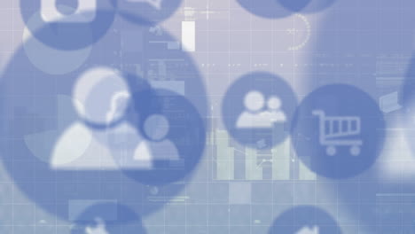 animación de múltiples iconos digitales y procesamiento de datos estadísticos contra un fondo gris