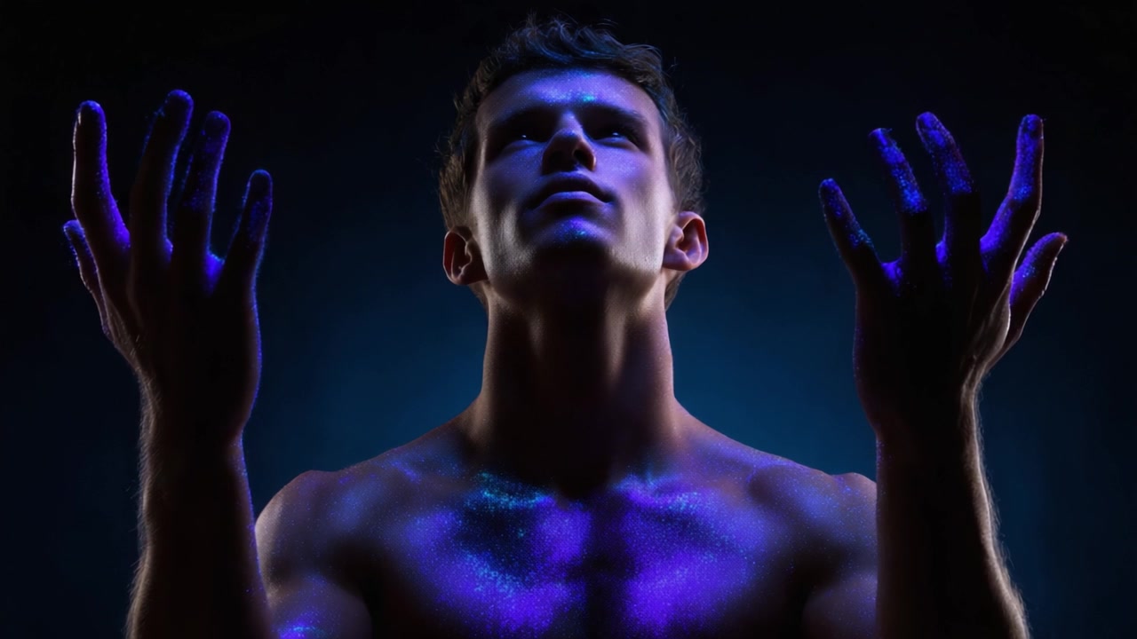 Una dinamica vetrina visiva che presenta una figura maschile con mani illuminate e una posa sorprendente, ambientata su uno sfondo scuro che enfatizza colori vivaci e forme.