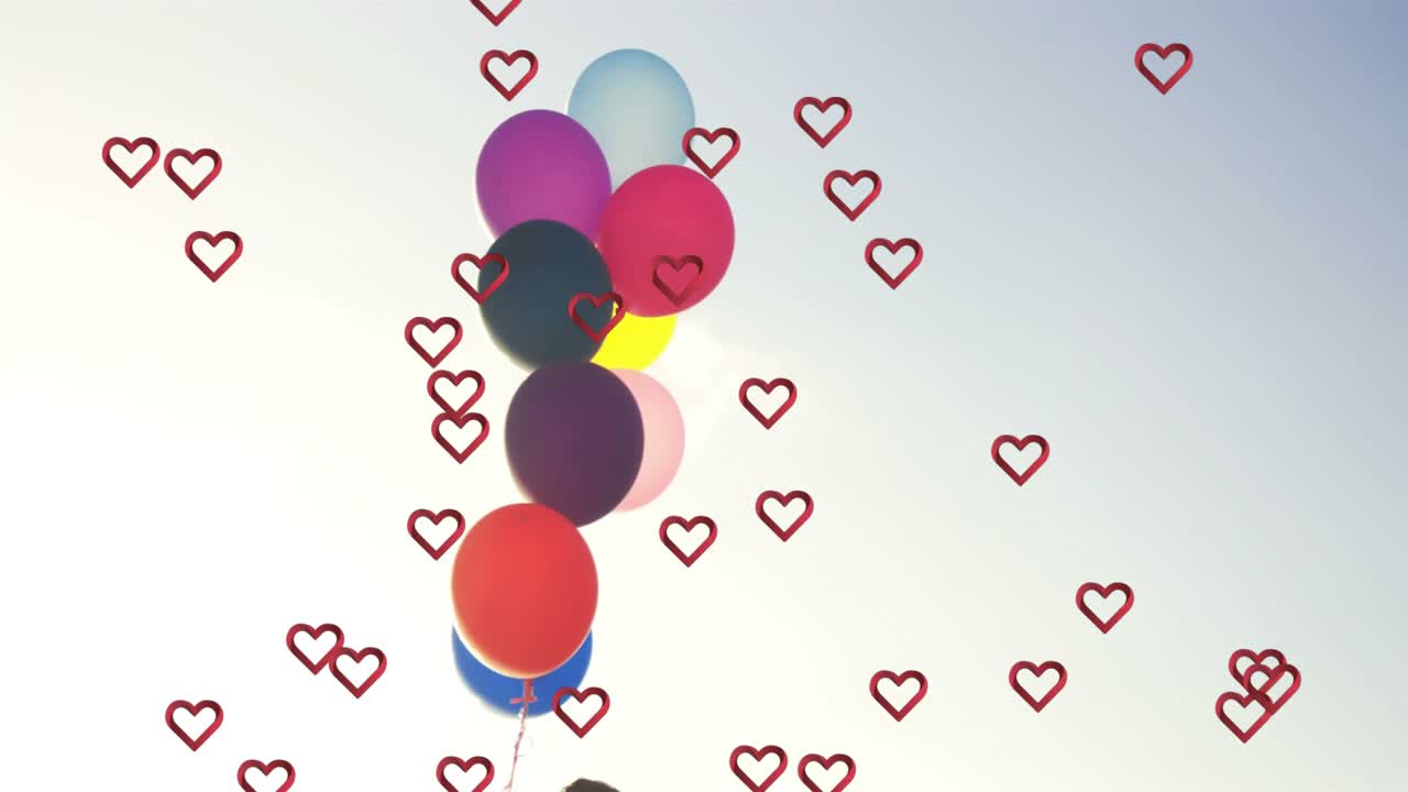 Cabeza parcial soltando columna de globos anclados que asciende mientras contornos de corazones se multiplican para llenar el cielo
