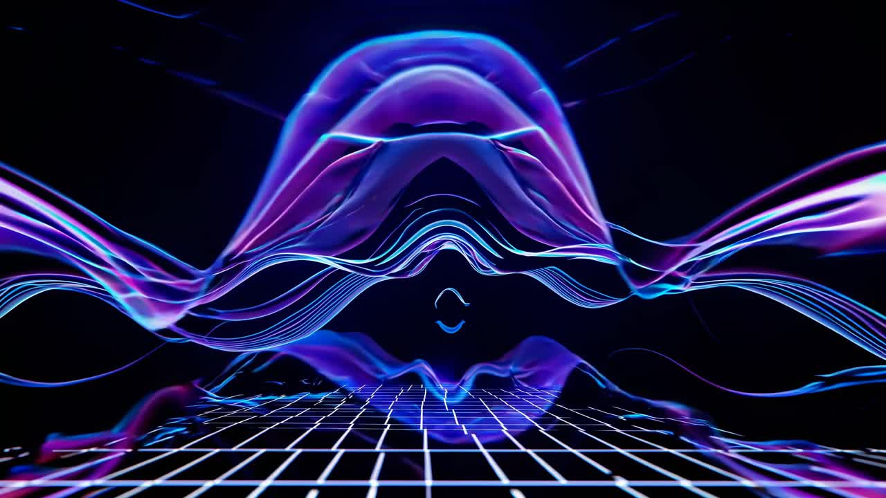 Futuristic video concept with neon waves and grid lines. Low-angle shot creates a dynamic, immersive