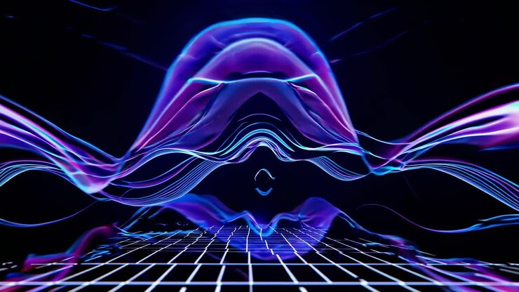 Concetto video futuristico con onde al neon e linee a griglia. Una ripresa dal basso crea un'atmosfera dinamica e coinvolgente.