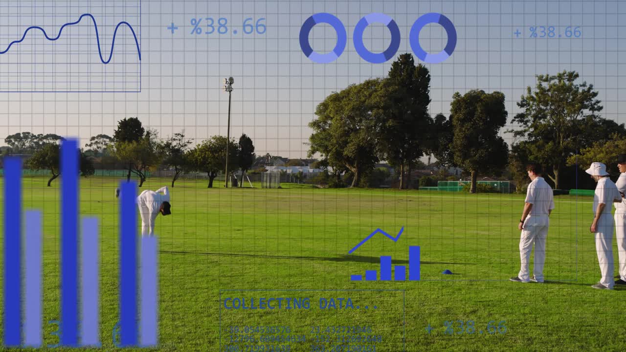 Giocatore di cricket che esulta dopo la comparsa di dati sopra di lui mentre si muove, salta, raggiungendo grafici a torta per i dati