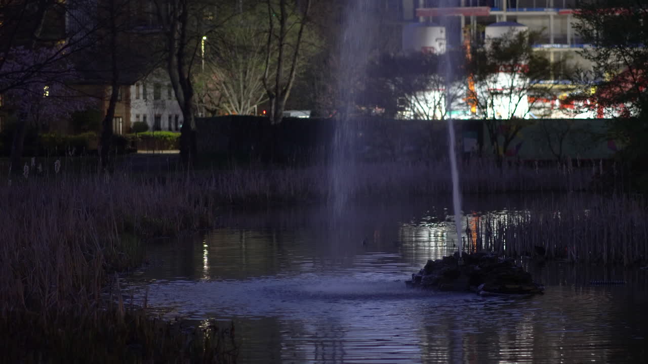 noche en el parque, reflejo de agua de una fuente, paraíso urbano, tráfico a lo lejos