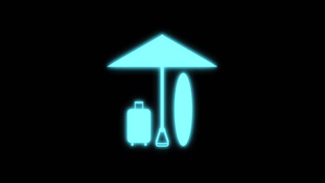 bag, umbrella and surfing board icon isolated on black screen with glowing neon light effect. concept for summer vacation and holidays.